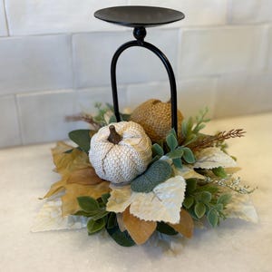Fall Candle Holder Centerpiece with Knit & Burlap Pumpkins, Farmhouse Black Candle Ring with Neutral Floral and Pumpkins for Table or Mantel