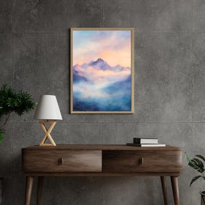 Serene Mountain Landscape Art - Misty Clouds & Pastel Colors - Tranquil Digital Print, Nature Wall Decor