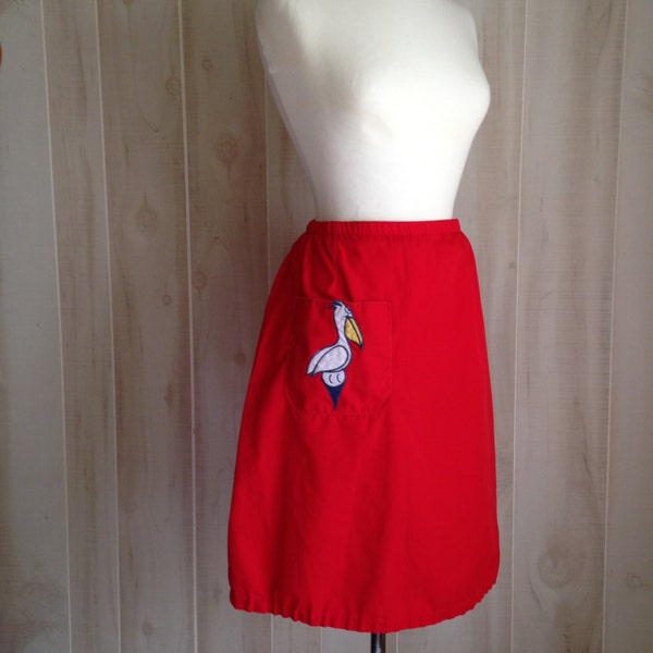 Vintage Red Embroidered Pelican Skirt Knee Length 60s Summer HIgh Waist