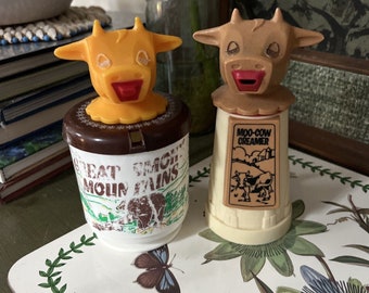 Vintage Whirley Industries Plastic 6" Moo Cow Creamer Farm Brown Cow GSMNP set 2