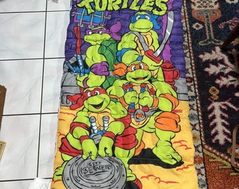 VINTAGE Teenage Mutant Ninja Turtles Sleeping Bag TMNT Fleece Lined 1990 90s Kid