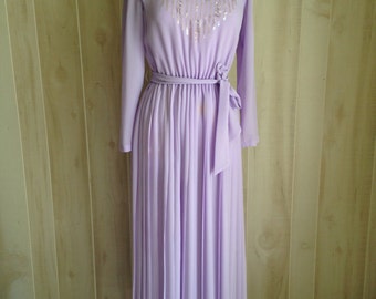 Vintage Lilac Sequins Pleated Maxi Gown 70s Long Sleeve Sheer Dress