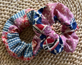 Handmade Vintage Feed sack Quilt Fabric Scrunchie Hair Tie set of 2