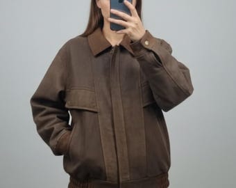 Oversized Vintage Lambskin Leather Bomber Jacket - 80s Retro Brown Coat