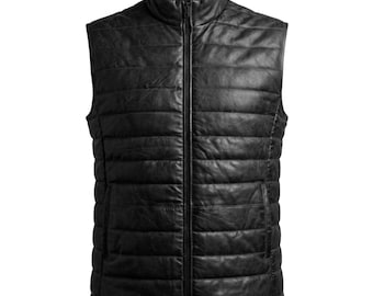 Heren Zwart Leren Puffer Vest – Gewatteerd Lamsleren Mouwloos Jasje, Biker Bodywarmer, Cadeau voor Hem