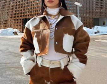 Womens Cow Print Cowhide Hair on Cropped Jacket: Western Rodeo Style