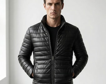 Men's Black Lambskin Leather Puffer Jacket: Down-Filled Biker Coat