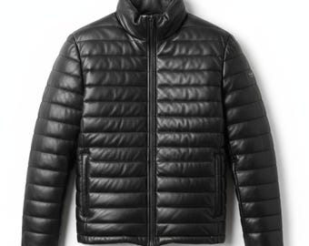 Men's Black Lambskin Leather Puffer Jacket: Down-Filled Winter Coat