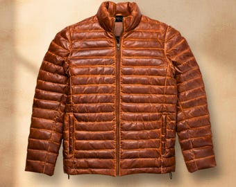 Handmade Lambskin Leather Puffer Jacket: Men's Cognac Bomber Coat