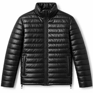 May include: A black puffer jacket featuring a smooth leather-like finish, horizontal quilted stitching, a high stand-up collar, and a full-length centre front zip. The jacket includes two side pockets and adjustable drawstrings at the hem.