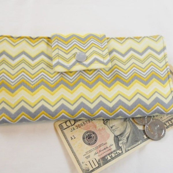 Ladies Wallet, Handmade Wallet, Bifold Clutch Wallet, Chevron Yellow, Grey, White, Made in USA