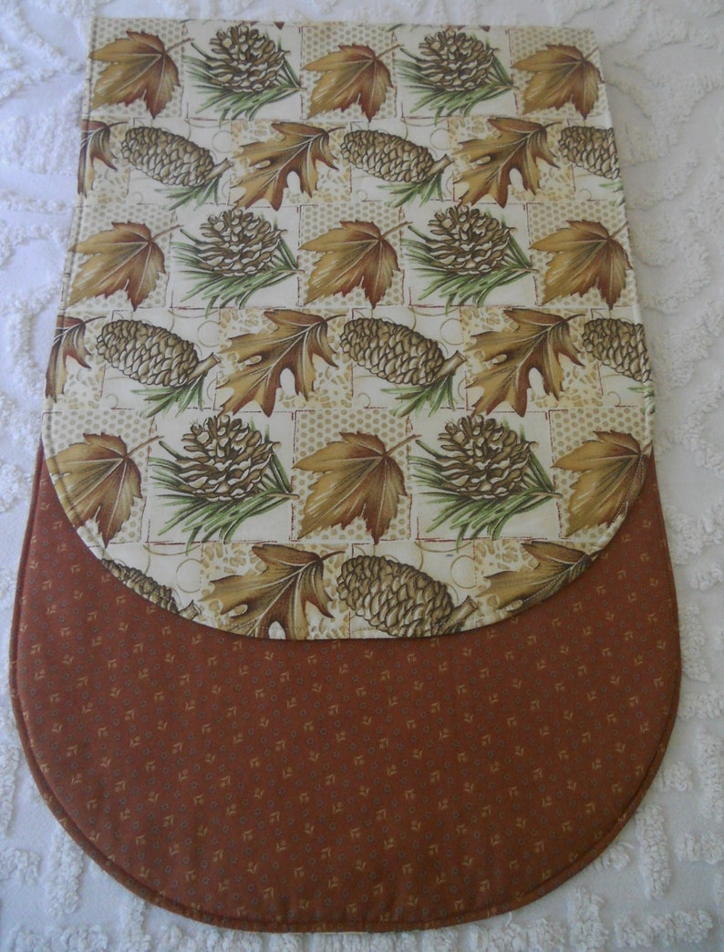 Fall Table Runner, Pine Cones Leaves, Autumn Decor, Woodland Decor, Reversible Runner image 1