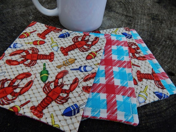 Lobster Coasters, Nautical Coasters, Lobsters, Buoys, Set of Four Reversible Coasters