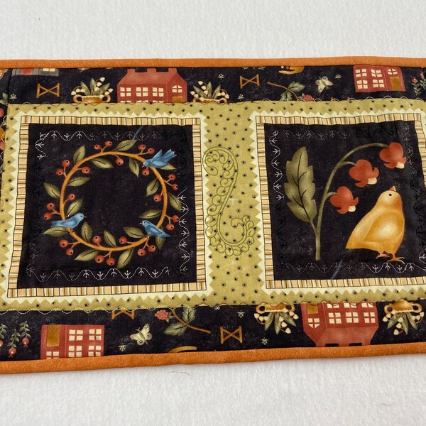 Quilted Table Runner, Folk Theme, Houses, Birds, Berries, Primitive