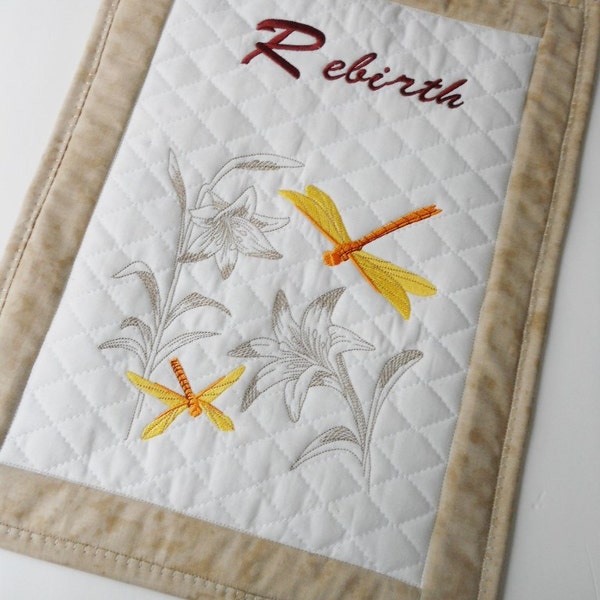Lily and Dragonflies Embroidered, Rebirth, Floral Wallhanging
