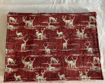 Placemats, Reindeer, Snow, Trees, Barn Red, Handmade Placemats, Set of Four