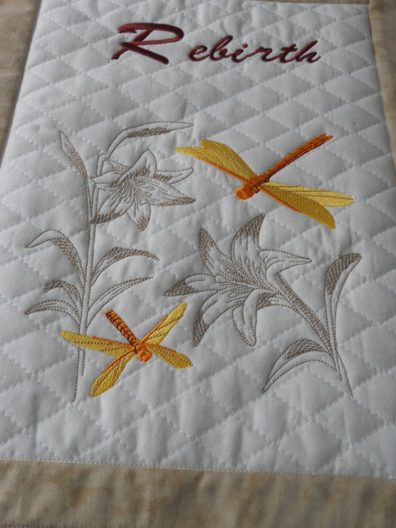 Lily and Dragonflies Embroidered, Rebirth, Floral Wallhanging image 2