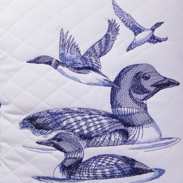 Loon Pillow, 14 inch Pillow Cover, Handmade Pillow Cover, Sketched Loons, Made in Maine