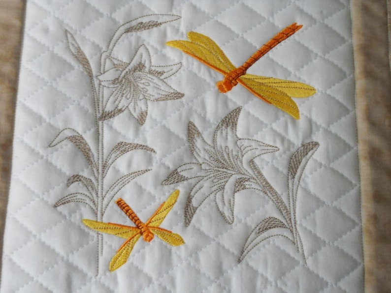 Lily and Dragonflies Embroidered, Rebirth, Floral Wallhanging image 5