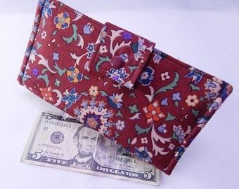 Maroon Women's Wallet, Bifold Wallet, Floral Clutch, Wallet Insert, Vegan Wallet, Made in USA