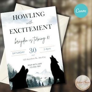 Convite de aniversário com tema de lobo, convite de aniversário de lobo, aniversário de lobo, festa de aniversário de lobo, convite para a Great Wolf Lodge, Canva editável
