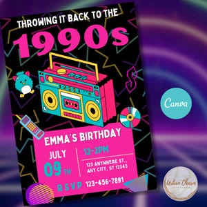 90s Party Invitation, 1990s Party Invitation, 90s Invitation, 90s Birthday Party, 1990s Birthday Party, 90s Party Invites, Canva Template
