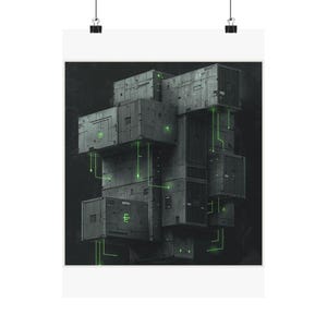 May include: A poster showing a digital artwork of grey shipping containers arranged in a complex structure. Bright green lines connect the containers, creating a network or circuit design. The artwork has a futuristic, industrial style, set against a dark background.