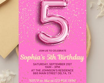 Mädchen Rosa 5. Geburtstag Einladung Digital Printable Bearbeitbare Vorlage