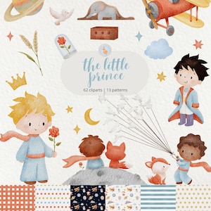 May include: A collection of watercolour illustrations inspired by "The Little Prince." The image includes a red biplane, a planet, a fox, and various patterns with stars and planets. Text reads "the little prince" and "62 cliparts | 13 patterns."