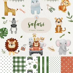 Safari Aquarell Clipart PNG – Dschungeltiere Löwe, Elefant, Zebra, Tiger, Giraffe, Affe – Kinderzimmer Kunst – Baby Shower Einladung