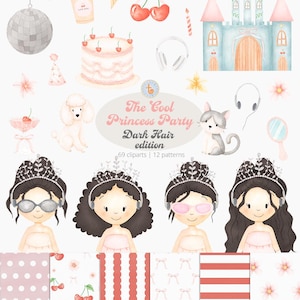 Pode incluir: Uma coleção de cliparts digitais intitulada The Cool Princess Party Dark Hair edition com ilustrações em aquarela de um castelo, bola de discoteca, bolo, poodle, gato e quatro personagens de cabelo escuro com tiaras e auscultadores.