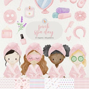 Pode incluir: Ilustração em aquarela com elementos de dia de spa em rosa. Inclui ferramentas de spa, toalhas, chinelos e quatro figuras de desenho animado em roupões e faixas de cabeça. O texto "pink spa day" também está presente.