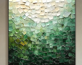 Abstract green oil painting on canvas, large textured green boho wall art, modern stylish minimalist living room decor