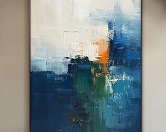 Original blue abstract oil painting on canvas, large beige minimalist wall art, blue abstract art, modern living room decor