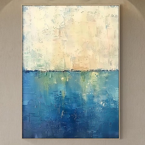 Large blue abstract oil painting on canvas, beige minimalist wall art, blue abstract art, modern living room decor, contemporary art