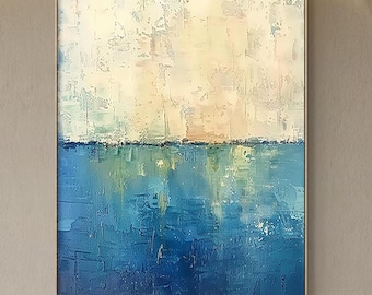 Large blue abstract oil painting on canvas, beige minimalist wall art, blue abstract art, modern living room decor, contemporary art