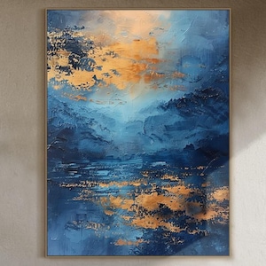Large blue mountains abstract oil painting, blue textured mountains wall art, gold abstract painting, modern natural living room decor