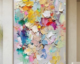 Gran pintura abstracta de impasto a color, arte mural texturizado y colorido, pintura original hecha a mano, decoración moderna y elegante para la sala de estar.