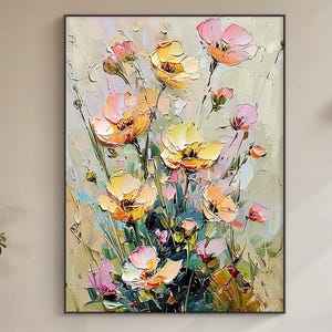 Original colorful floral oil painting, abstract floral painting on canvas, beige boho wall art, modern living room wall decor
