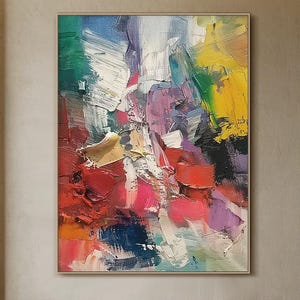 Grande dipinto a olio su tela colorato astratto e strutturato, dipinto murale moderno e minimalista colorato, decorazione per soggiorno in stile boho