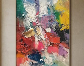 Gran pintura al óleo abstracta colorida y texturizada, pintura de pared moderna y minimalista, decoración de sala de estar de estilo bohemio.