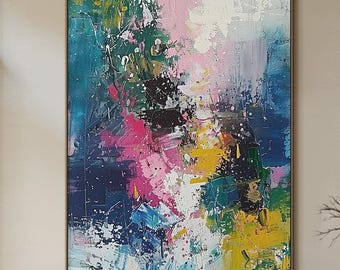 Gran pintura al óleo abstracta colorida sobre lienzo, arte de pared colorido con textura, decoración de sala de estar minimalista, moderna y elegante.