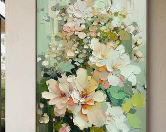 May include: A large abstract painting featuring a cluster of white and peach flowers with green leaves. The flowers are painted in a textured style, giving the painting a three-dimensional effect.
