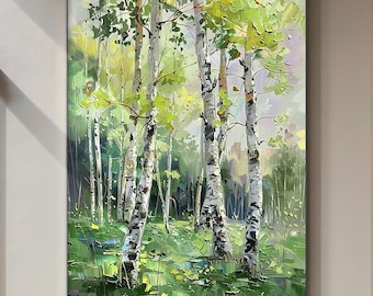 Groene berkenboom textuur kunst aan de muur, berkenboom landschapsschilderkunst, grote boskunst, moderne woonkamerinrichting
