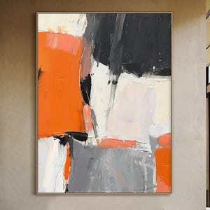 Großes oranges abstraktes Ölbild, schwarze minimalistische Wandkunst, graue abstrakte Kunst, modernes Wohnzimmerdekor, zeitgenössische Kunst