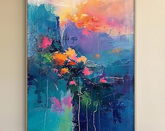 Original abstract colorful textured canvas oil painting, large wall painting, modern minimalist blue mural, bohemian style living room decor