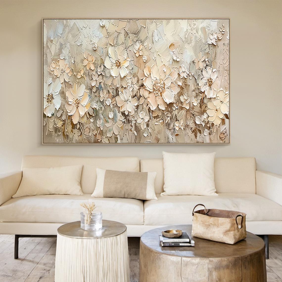 Handmade Large Neutral Flower Oil Painting, Modern Textured Wall Art ...