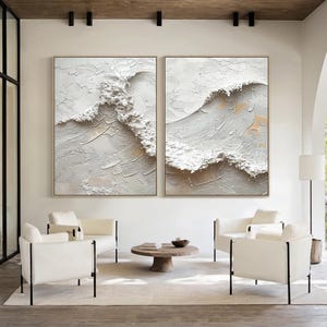 Abstract 3D Wave Wall Art ,Minimalist Ocean Art Set of 2 ,Neutral Beige Textured Oil Painting on Canvas, Modern Coastal Decor