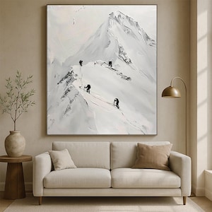 Original White Climbing Wall Art 3D Plaster Texture Mountain Painting Personalized Gift For Hikers Modern Snow Peak Skier Canvas Custom Art