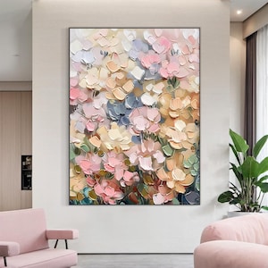 Textured Floral Oil Painting on Canvas – Impasto Abstract Flower Art in Soft Pastel Tones, Handmade Wall Decor for Living Room